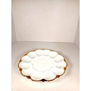 VTG Anchor Hocking Fire King Deviled Egg Plater Milk Glass Dish With Gold Trim